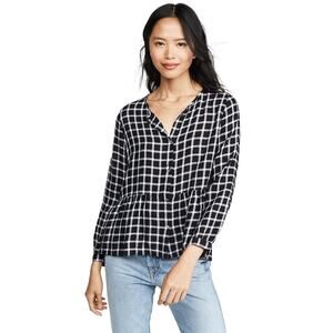 Rails Celeste Onyx Plaid White Check Linen Blouse